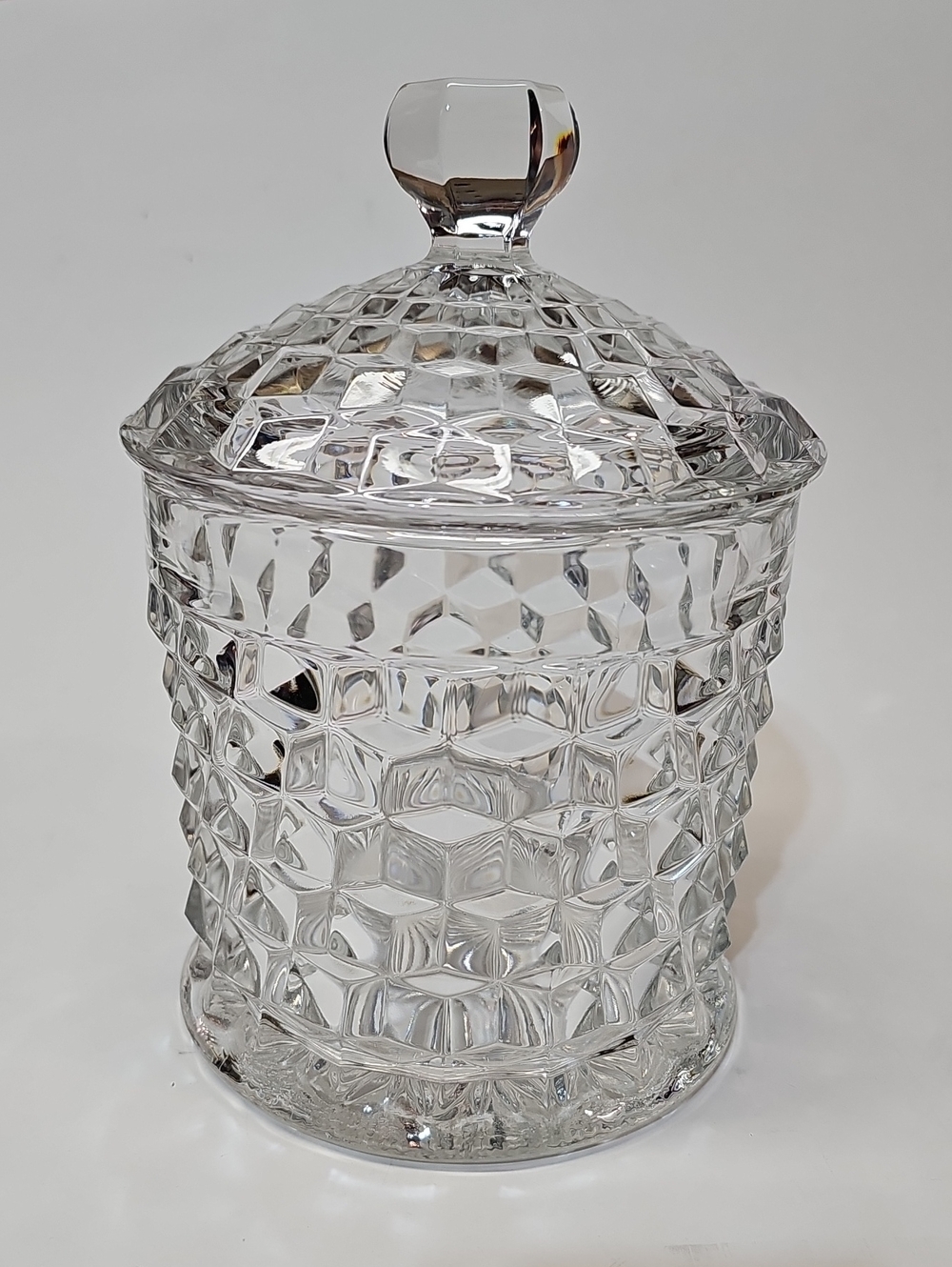 Vintage Fostoria American Clear Cube Motif Pressed Glass Cookie Jar & Lid
